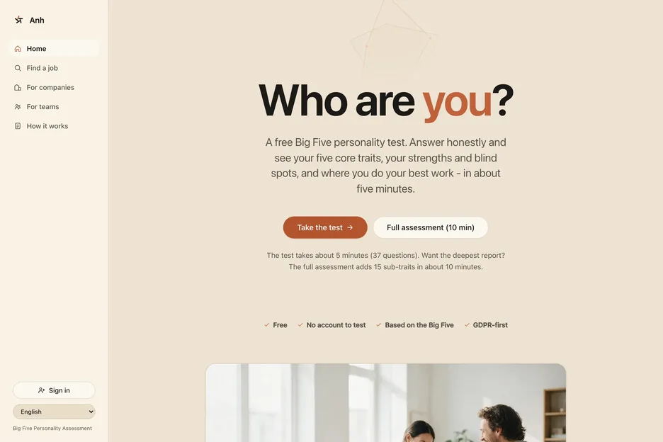 The Anh landing page on desktop, headline 'Who are you?' above a free Big Five test