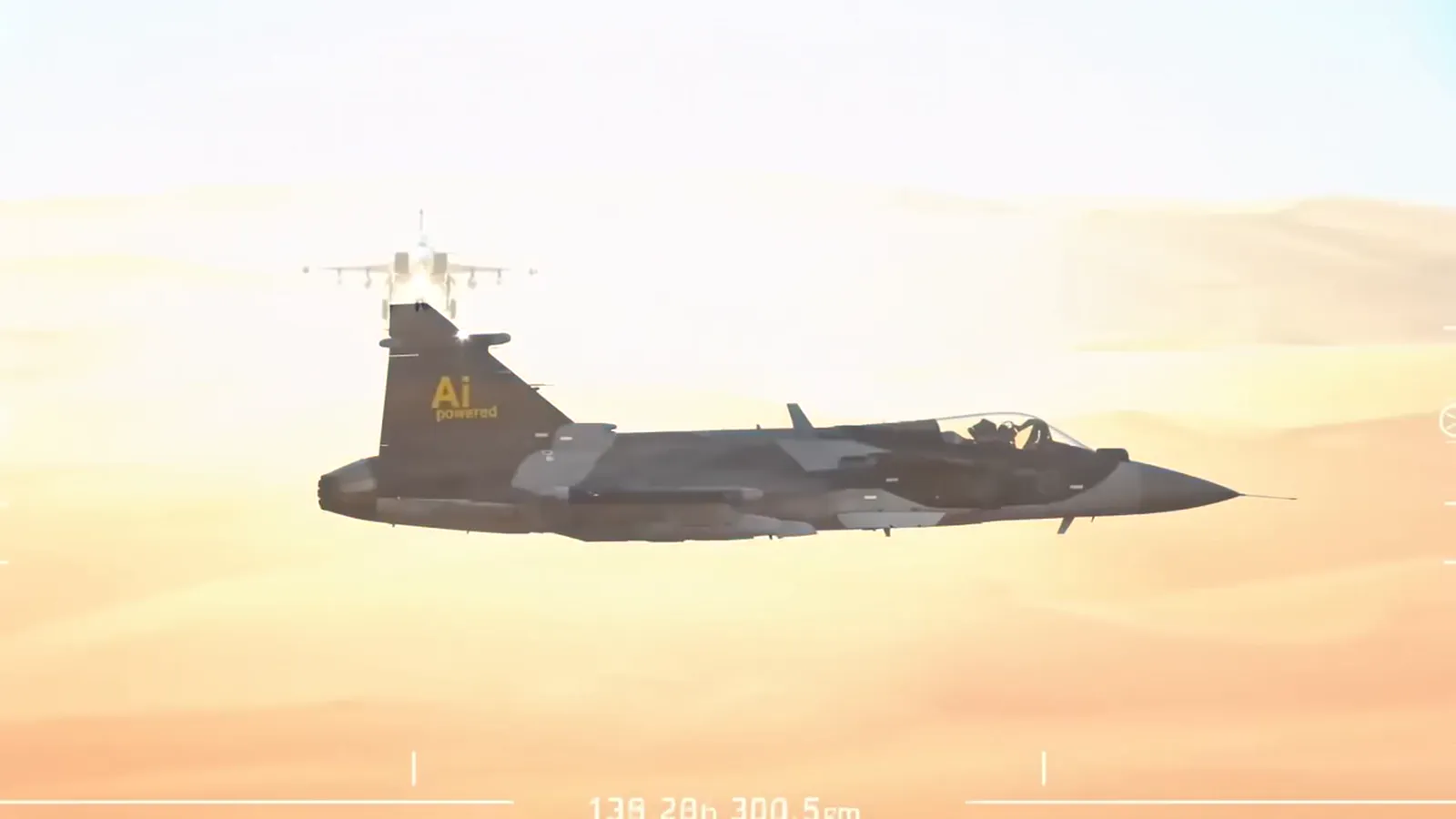 Fighter flyover at golden hour, held at a single continuous speed.