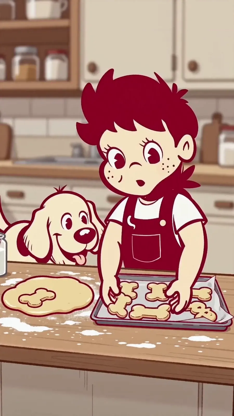 Cel-style baking scene. Line weight and palette stay locked shot to shot.
