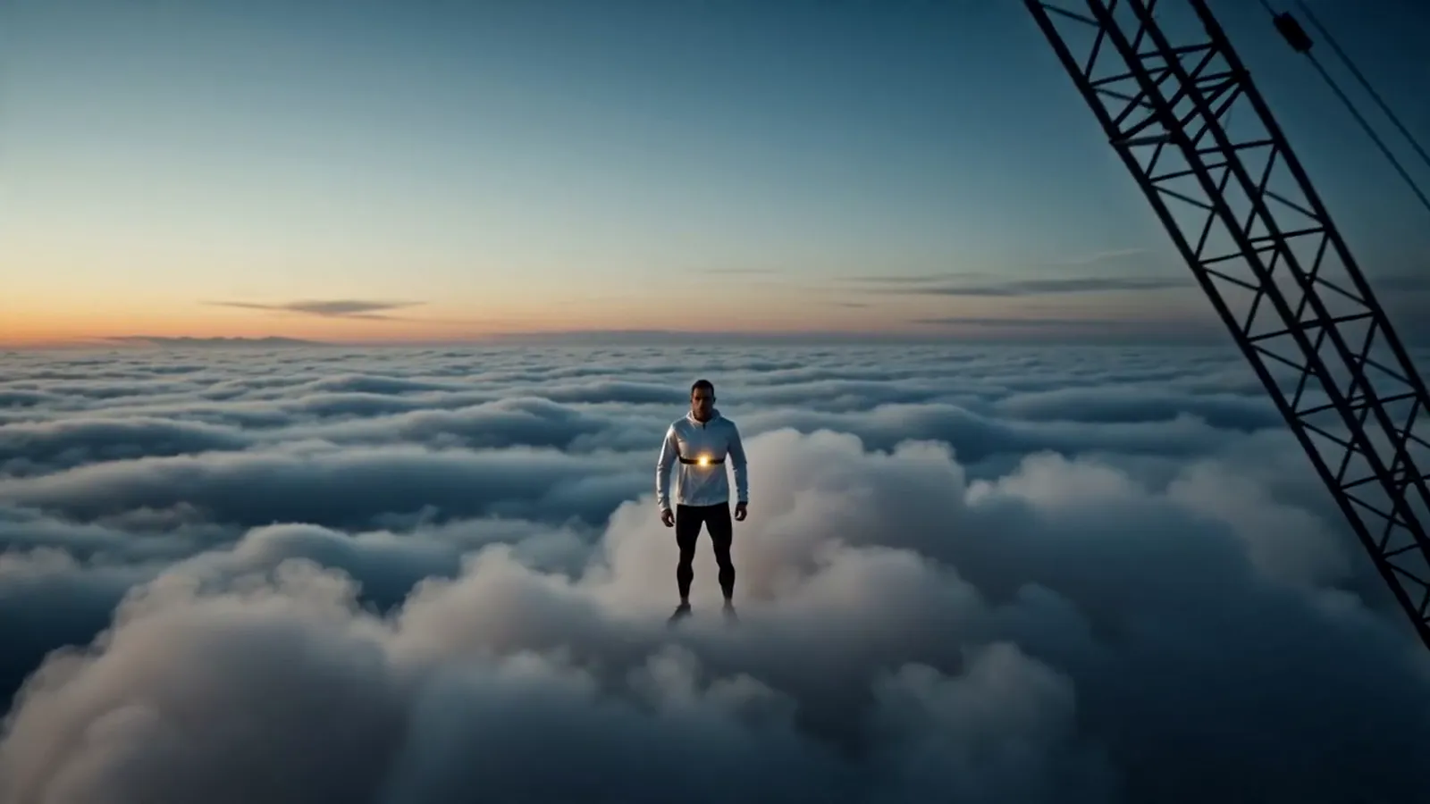 Composited altitude: a figure, a crane, and nothing underneath.