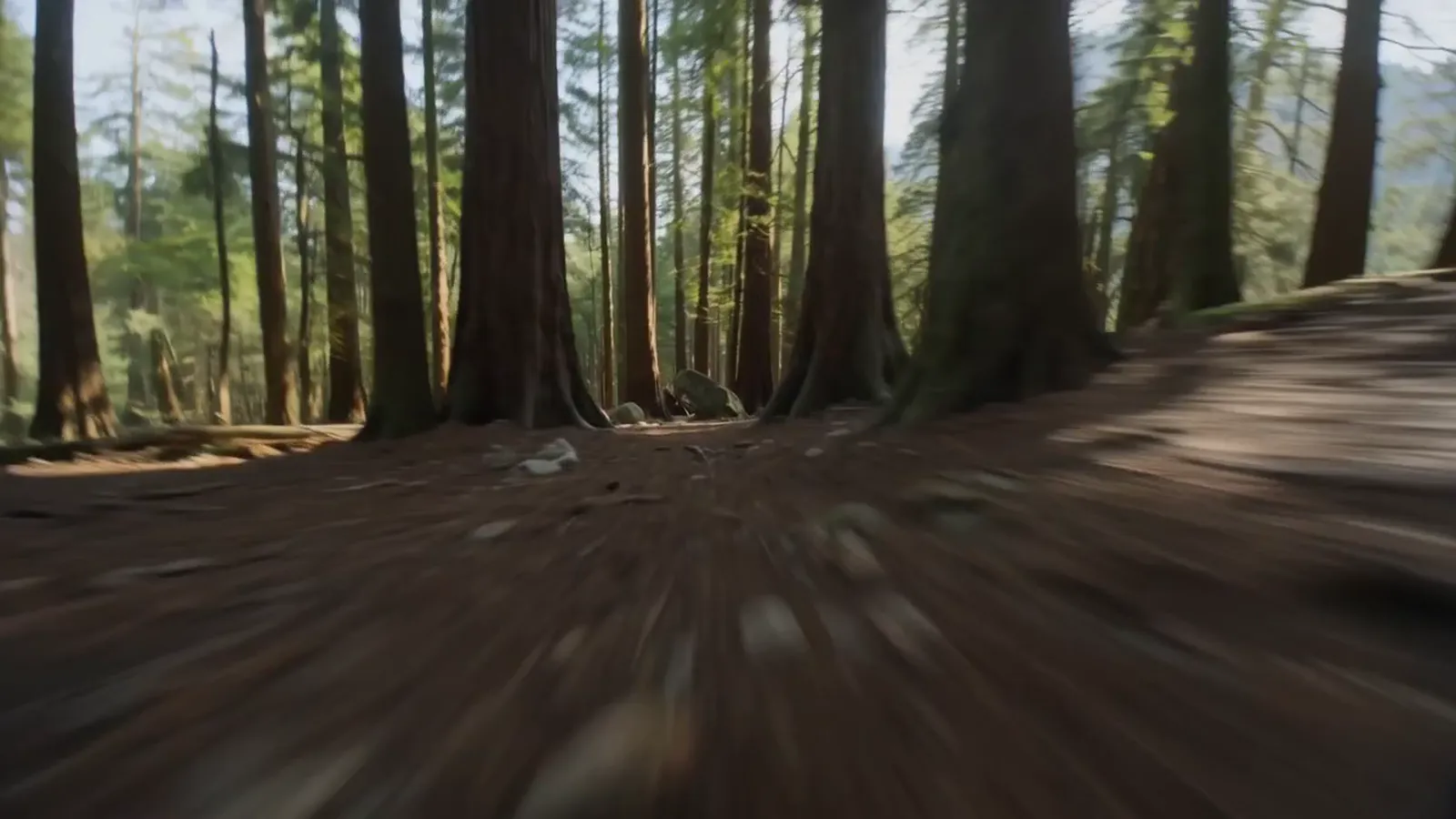 Ground-level first person, moving fast. The hardest thing to keep coherent.