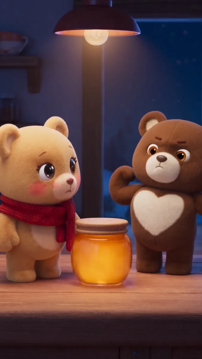 Two plush teddy bears facing off over a glowing jar of honey on a wooden counter, under a hanging lamp at night