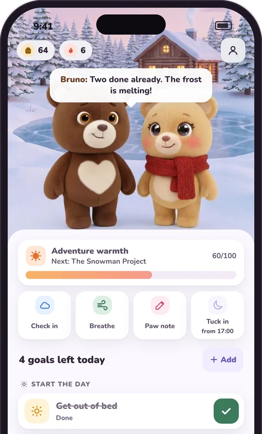 Bearly home screen: Bruno and Bella by a frozen lake, a warmth meter and four goals left today