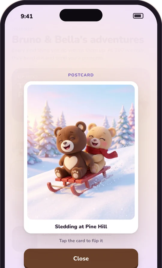 A Bearly postcard of Bruno and Bella sledding at Pine Hill