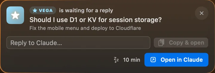 A Bryggan notification: an agent asks whether to use D1 or KV for session storage, with a reply field and Open in Claude