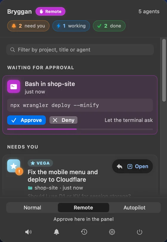 The Bryggan panel: two agents need you, one working, two done, and a shell command waiting for Approve or Deny